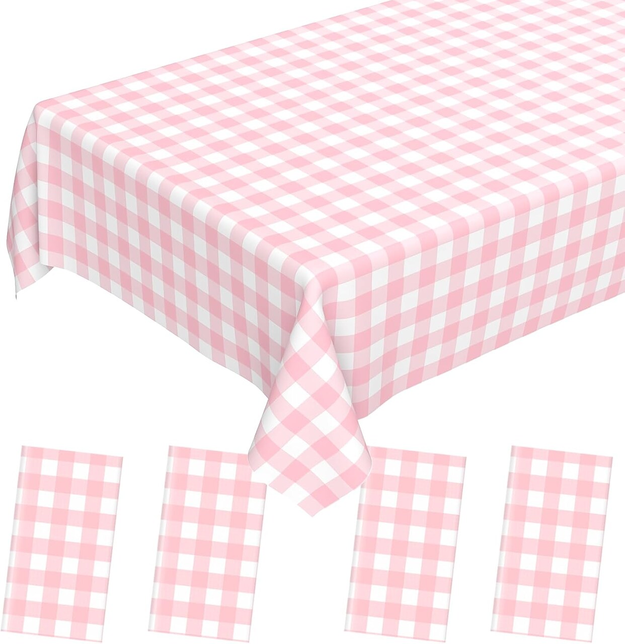 4 Pcs Pink Gingham Tablecloth, Disposable Plastic Pink Checkered Table Cloth, Pink & White Plaid Table Cover for Outdoor Picnic, Wedding, Baby & Bridal Shower, Birthday Party (54 x 108 Inch)